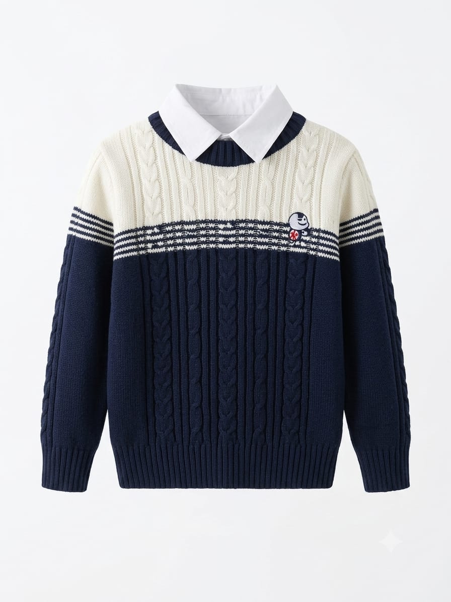 Boys Classic Cable Knit Winter Sweater with Collar alternate
