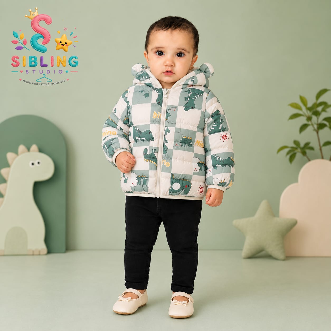 Kids Dinosaur Checkered Hooded Puffer Jacket