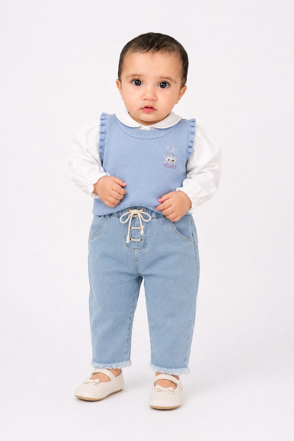 Kids Trendy Frayed-Hem Denim Jeans with Lace-Up Waist
